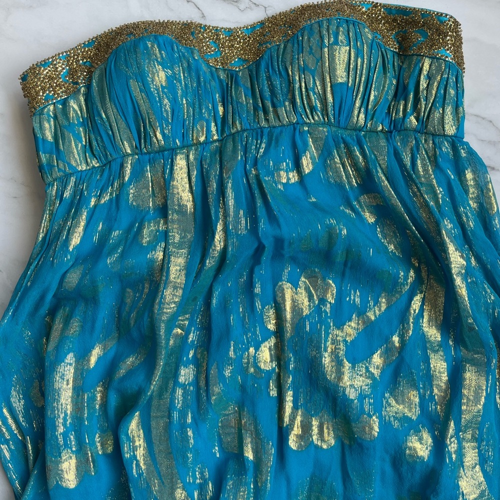 AIDAN MATTOX Dress Maxi Formal Gown Silk Prom Wedding Blue Gold Beaded long